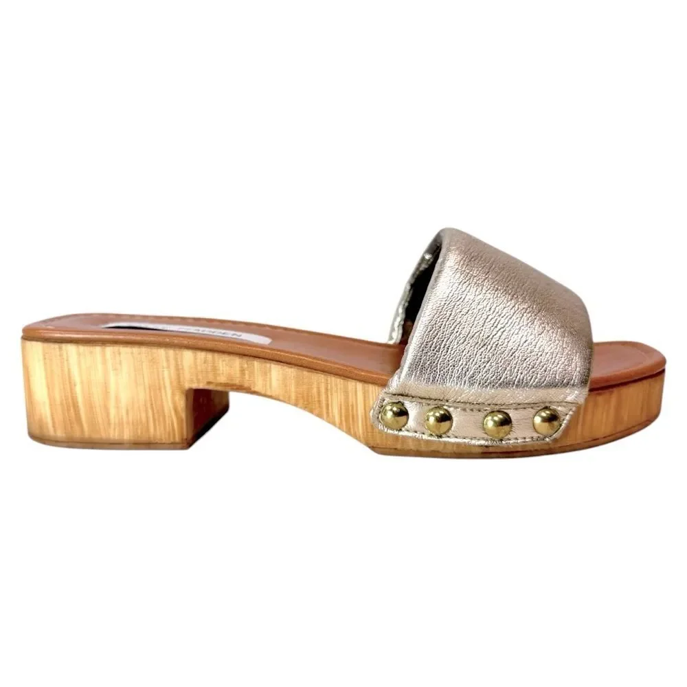 Steve Madden Belong Metallic Gold Slide Sandals Block Heel Size 39 Euro Summer